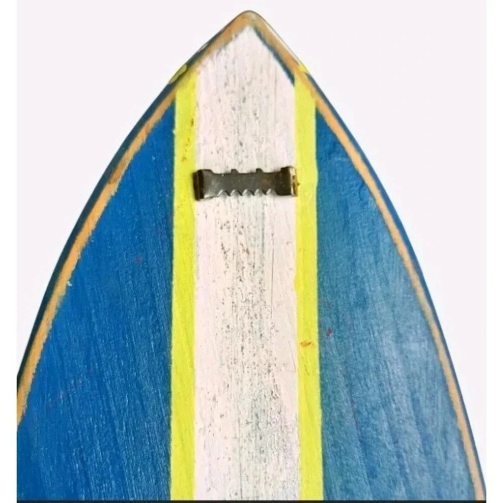 Blue Wooden Surfboard Wall Hanging With Yellow And White Stripes Home Decor